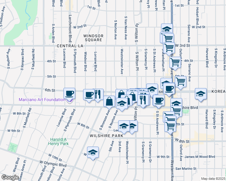 map of restaurants, bars, coffee shops, grocery stores, and more near 560 Bronson Avenue in Los Angeles