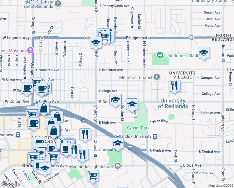map of restaurants, bars, coffee shops, grocery stores, and more near 914 College Avenue in Redlands