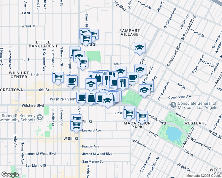 map of restaurants, bars, coffee shops, grocery stores, and more near West 6th Street & South Virgil Avenue in Los Angeles