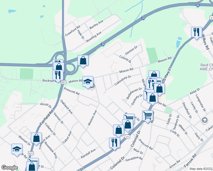 map of restaurants, bars, coffee shops, grocery stores, and more near 5911 Barksdale Drive in Columbia