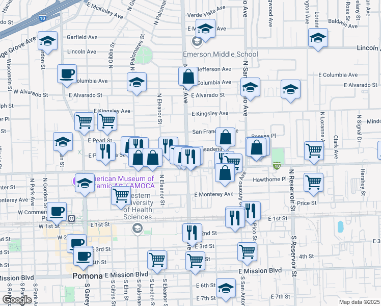 map of restaurants, bars, coffee shops, grocery stores, and more near 570 North Towne Avenue in Pomona