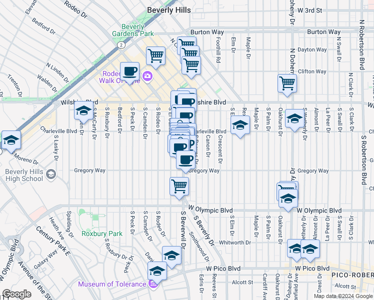 map of restaurants, bars, coffee shops, grocery stores, and more near 2 South Beverly Drive in Beverly Hills