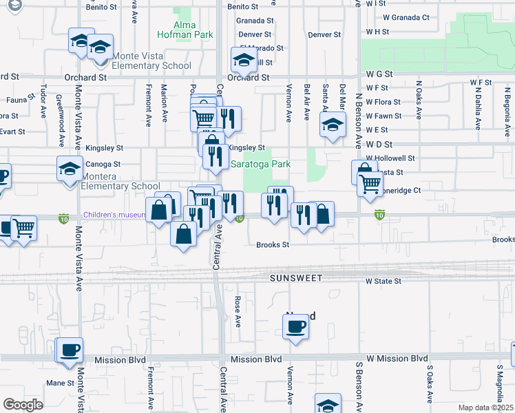 map of restaurants, bars, coffee shops, grocery stores, and more near 5436 Holt Boulevard in Montclair