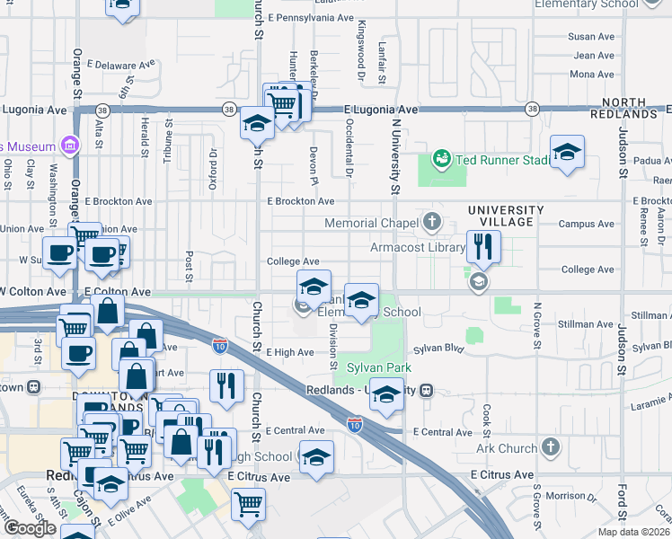 map of restaurants, bars, coffee shops, grocery stores, and more near 847 Occidental Drive in Redlands