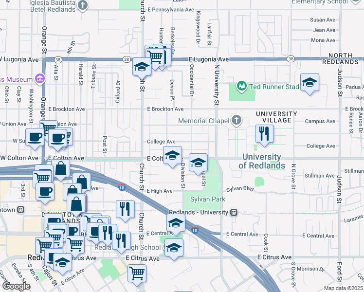 map of restaurants, bars, coffee shops, grocery stores, and more near 914 College Avenue in Redlands