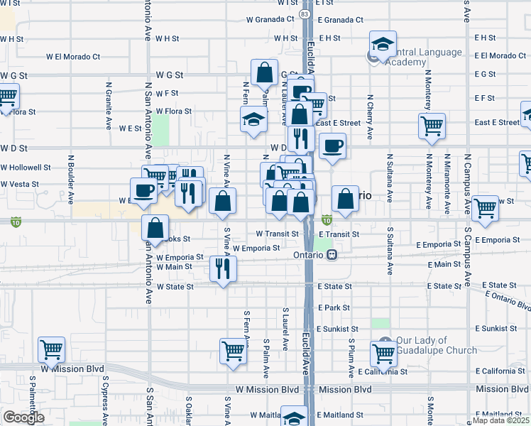 map of restaurants, bars, coffee shops, grocery stores, and more near 316 West Holt Boulevard in Ontario