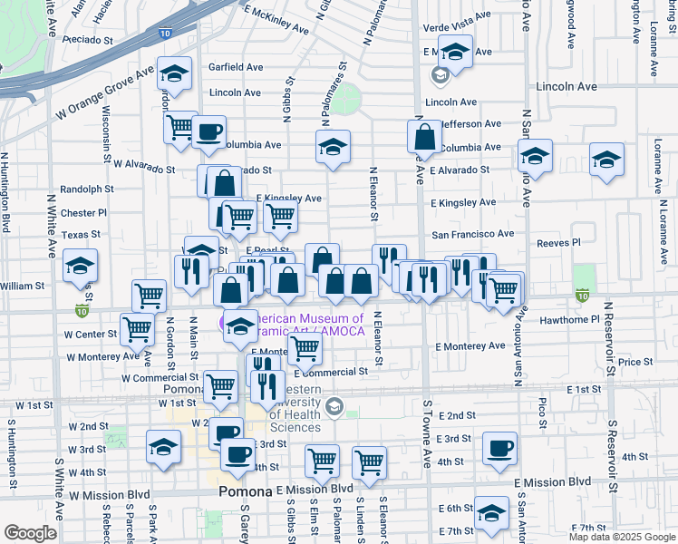 map of restaurants, bars, coffee shops, grocery stores, and more near 327 East Pasadena Street in Pomona