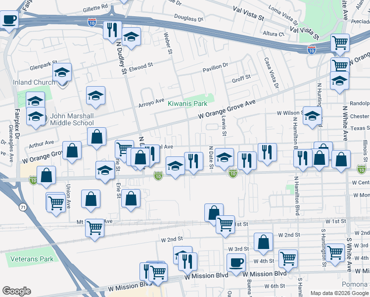 map of restaurants, bars, coffee shops, grocery stores, and more near 668 Weber Street in Pomona