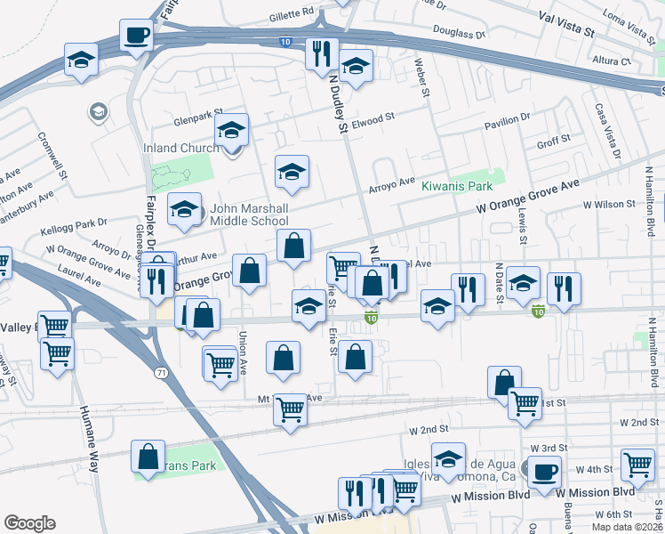 map of restaurants, bars, coffee shops, grocery stores, and more near 1646 Laurel Avenue in Pomona