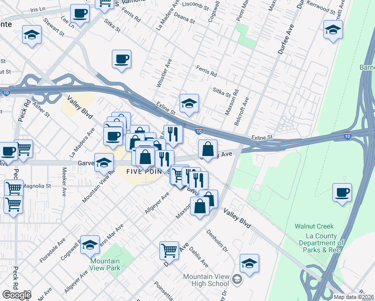 map of restaurants, bars, coffee shops, grocery stores, and more near 12114 1/2 Clora Place in El Monte