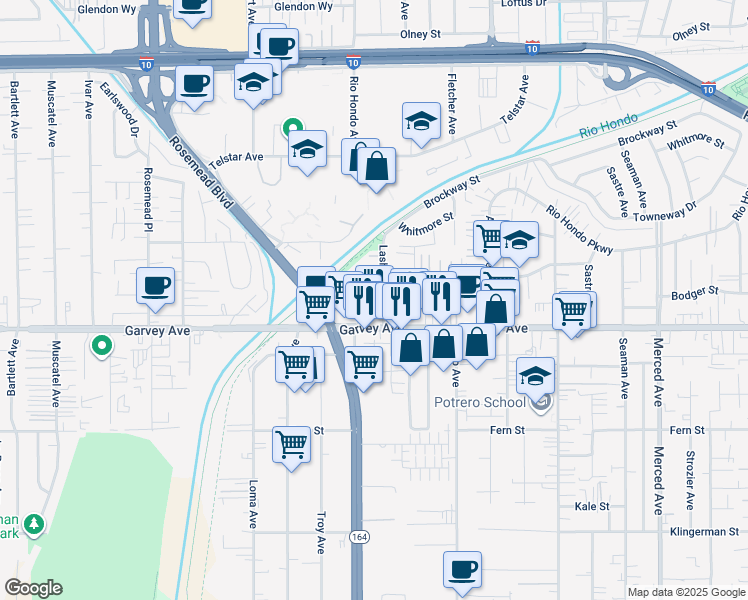 map of restaurants, bars, coffee shops, grocery stores, and more near 3025 Lashbrook Avenue in South El Monte