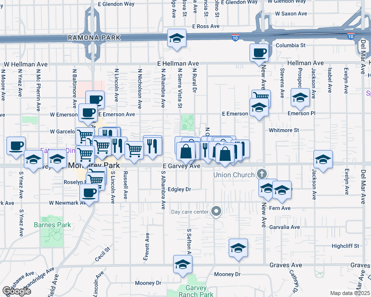map of restaurants, bars, coffee shops, grocery stores, and more near 121 North Rural Drive in Monterey Park