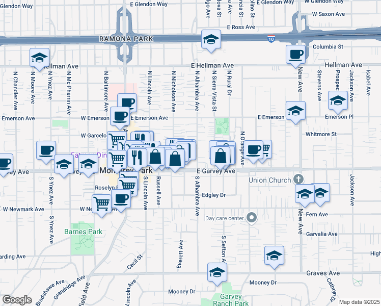 map of restaurants, bars, coffee shops, grocery stores, and more near 125 North Alhambra Avenue in Monterey Park