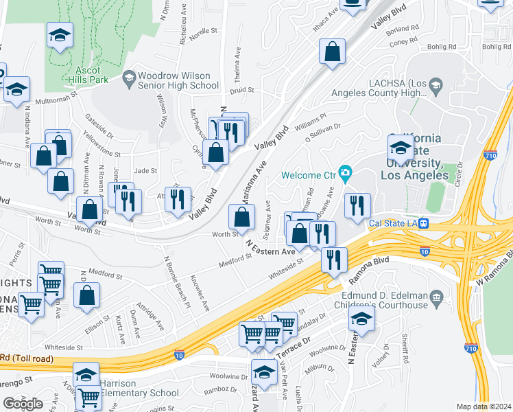 map of restaurants, bars, coffee shops, grocery stores, and more near 1910 North Marianna Avenue in Los Angeles