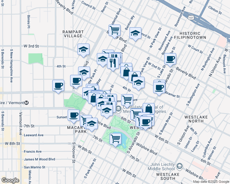 map of restaurants, bars, coffee shops, grocery stores, and more near 2536 West 5th Street in Los Angeles