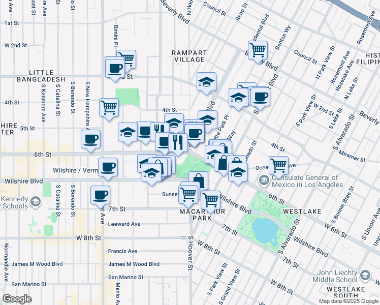 map of restaurants, bars, coffee shops, grocery stores, and more near 2820 West 6th Street in Los Angeles