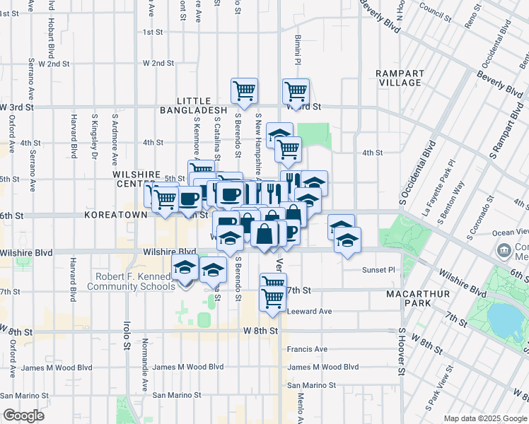 map of restaurants, bars, coffee shops, grocery stores, and more near 602 South New Hampshire Avenue in Los Angeles