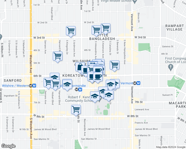 map of restaurants, bars, coffee shops, grocery stores, and more near in Los Angeles