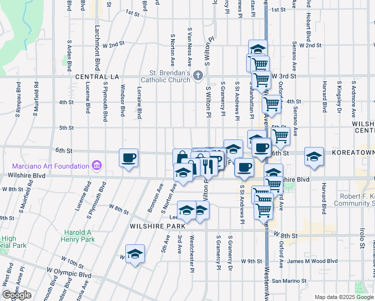 map of restaurants, bars, coffee shops, grocery stores, and more near 564 South Van Ness Avenue in Los Angeles