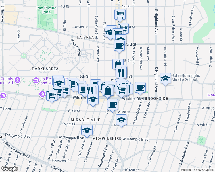 map of restaurants, bars, coffee shops, grocery stores, and more near 649 South Detroit Street in Los Angeles