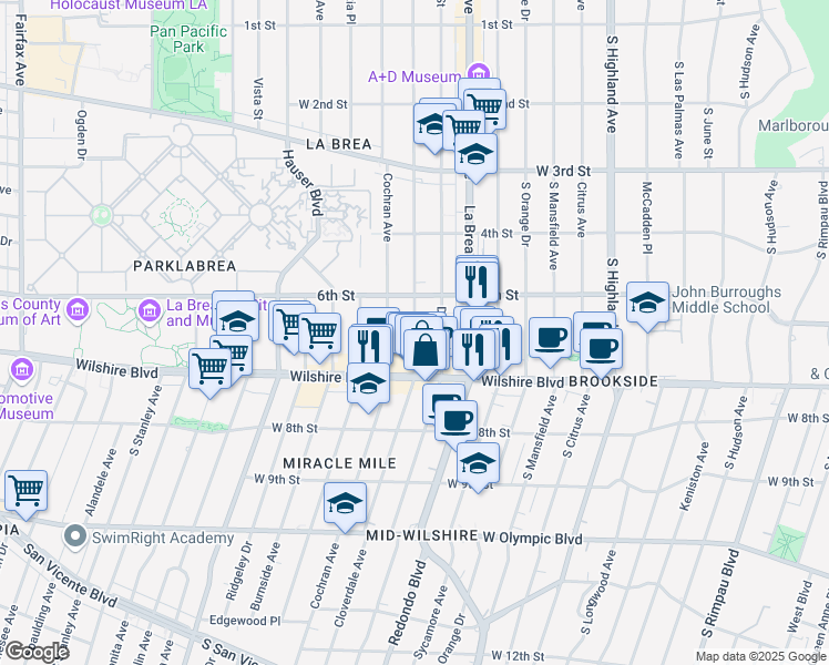 map of restaurants, bars, coffee shops, grocery stores, and more near 649 South Detroit Street in Los Angeles
