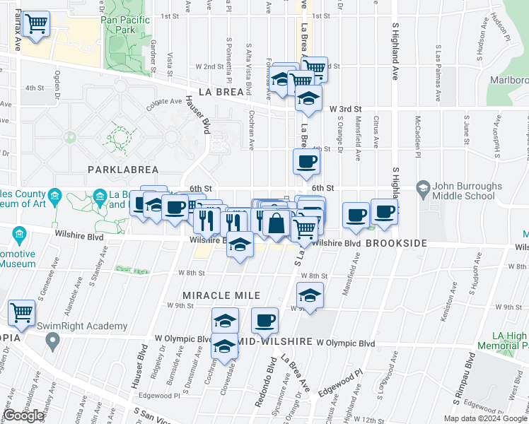 map of restaurants, bars, coffee shops, grocery stores, and more near 650 South Cochran Avenue in Los Angeles