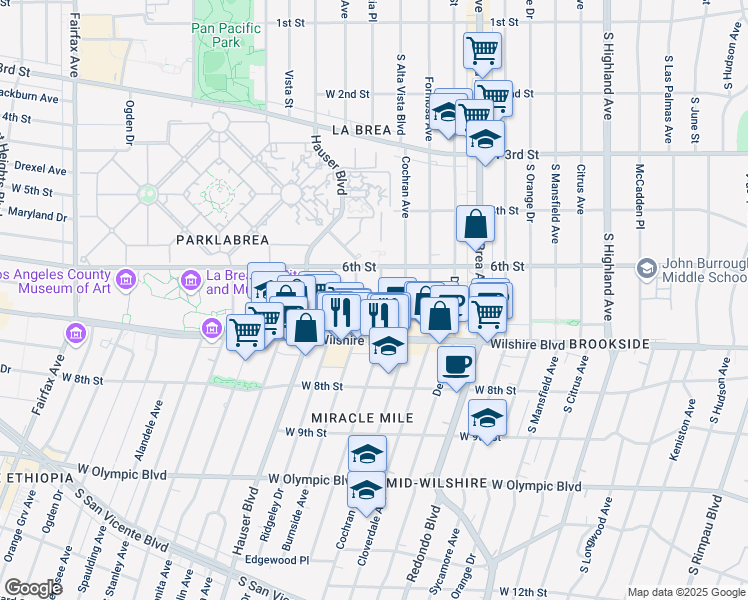 map of restaurants, bars, coffee shops, grocery stores, and more near 645 South Dunsmuir Avenue in Los Angeles