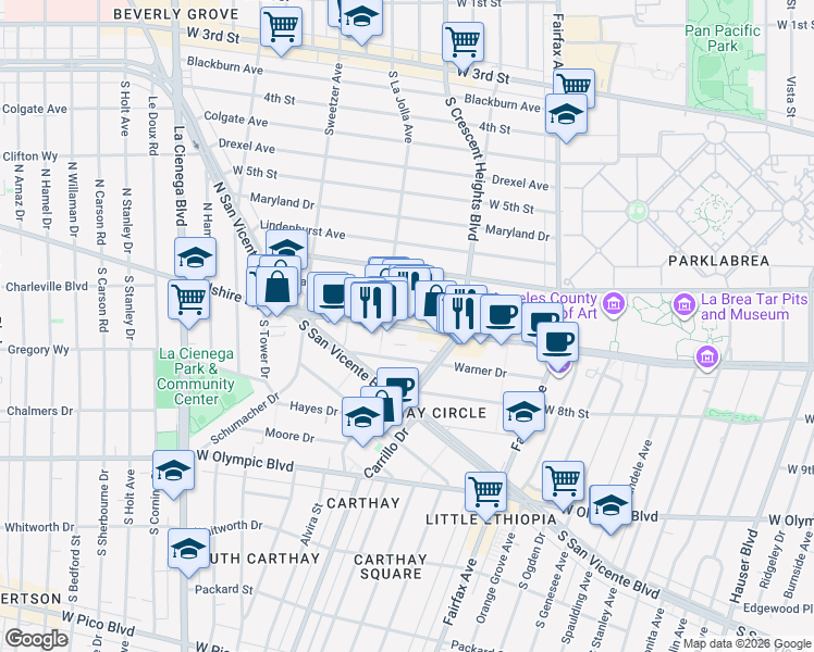 map of restaurants, bars, coffee shops, grocery stores, and more near 6380 Wilshire Boulevard in Los Angeles
