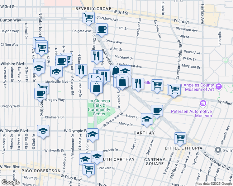 map of restaurants, bars, coffee shops, grocery stores, and more near 218 South Gale Drive in Beverly Hills