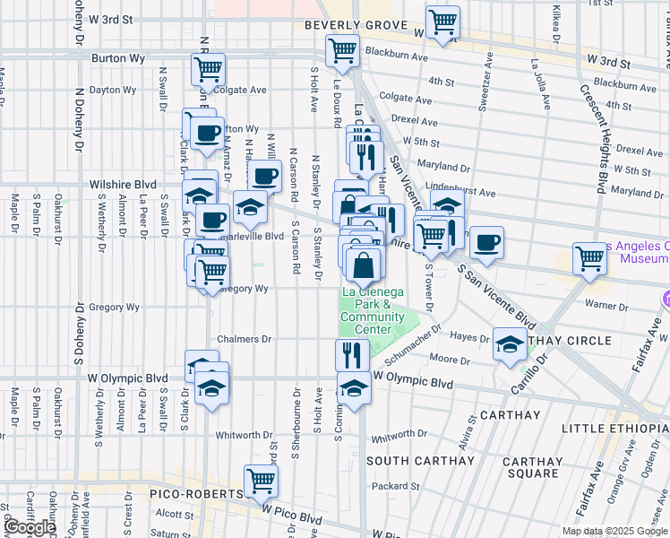 map of restaurants, bars, coffee shops, grocery stores, and more near 220 Le Doux Road in Beverly Hills