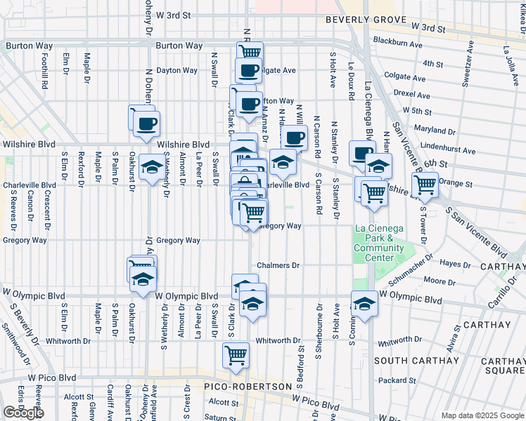 map of restaurants, bars, coffee shops, grocery stores, and more near 221 South Arnaz Drive in Beverly Hills