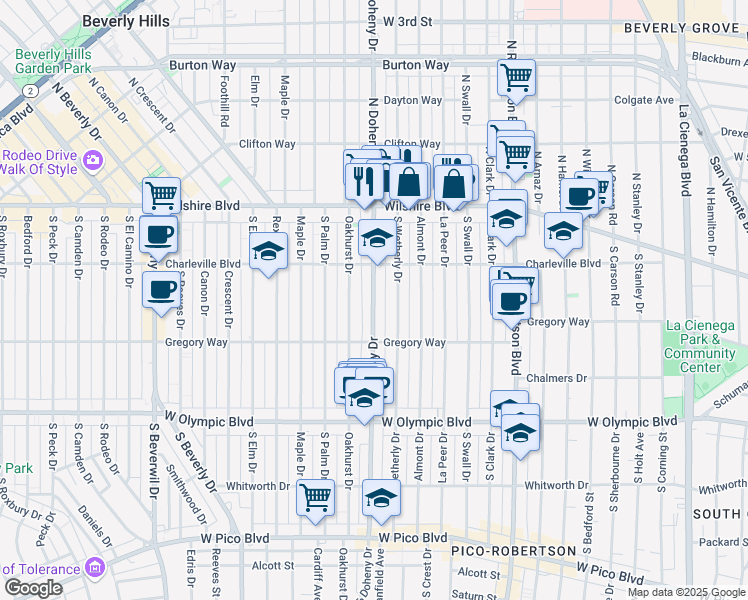 map of restaurants, bars, coffee shops, grocery stores, and more near 241 South Wetherly Drive in Beverly Hills