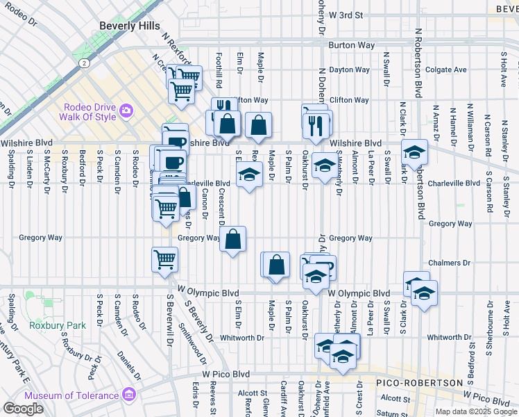 map of restaurants, bars, coffee shops, grocery stores, and more near 242 South Rexford Drive in Beverly Hills