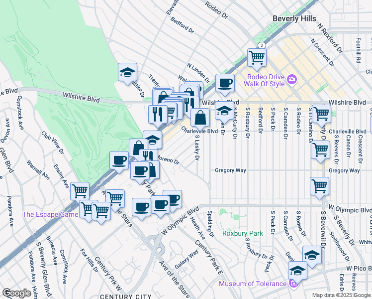 map of restaurants, bars, coffee shops, grocery stores, and more near 9941 Robbins Drive in Beverly Hills