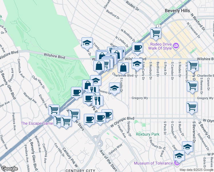 map of restaurants, bars, coffee shops, grocery stores, and more near 9941 Robbins Drive in Beverly Hills