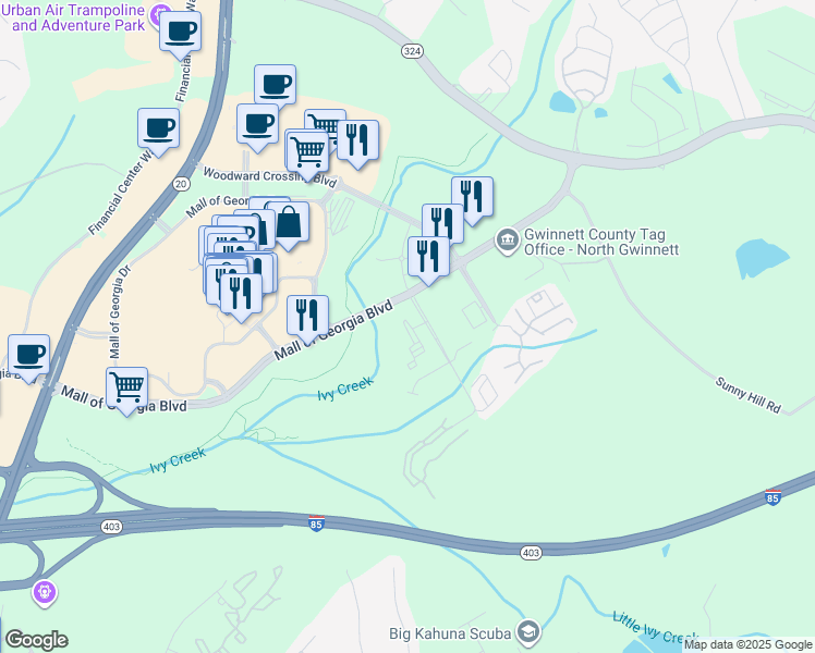 map of restaurants, bars, coffee shops, grocery stores, and more near 2525 Mall of Georgia Boulevard in Buford