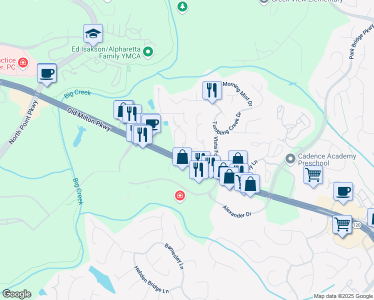 map of restaurants, bars, coffee shops, grocery stores, and more near 3065 Camden Way in Alpharetta