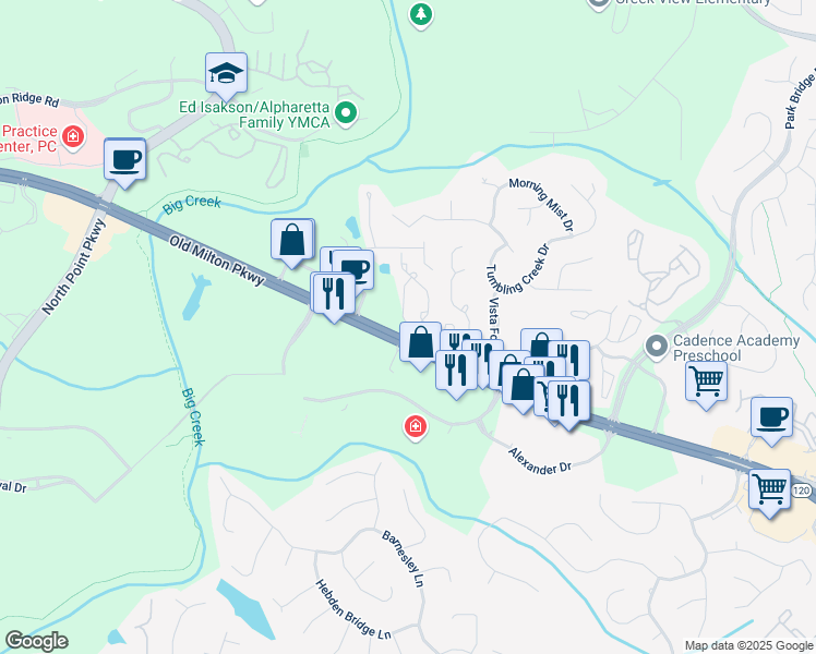 map of restaurants, bars, coffee shops, grocery stores, and more near 3015 Camden Way in Alpharetta