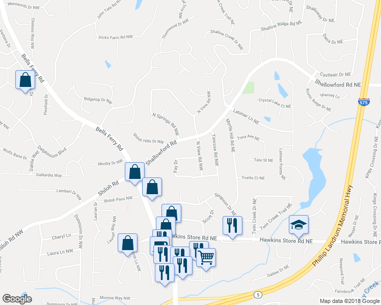 map of restaurants, bars, coffee shops, grocery stores, and more near 156 Fay Drive in Kennesaw