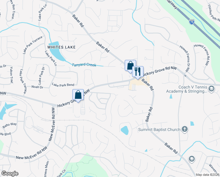map of restaurants, bars, coffee shops, grocery stores, and more near 2599 Willow Grove Road in Acworth