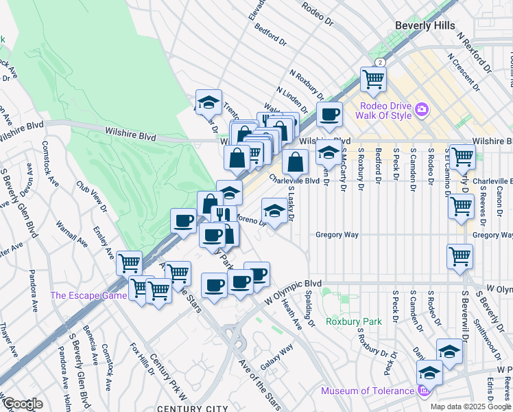 map of restaurants, bars, coffee shops, grocery stores, and more near 9950 Durant Drive in Beverly Hills