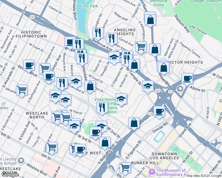 map of restaurants, bars, coffee shops, grocery stores, and more near 1319 Colton Street in Los Angeles