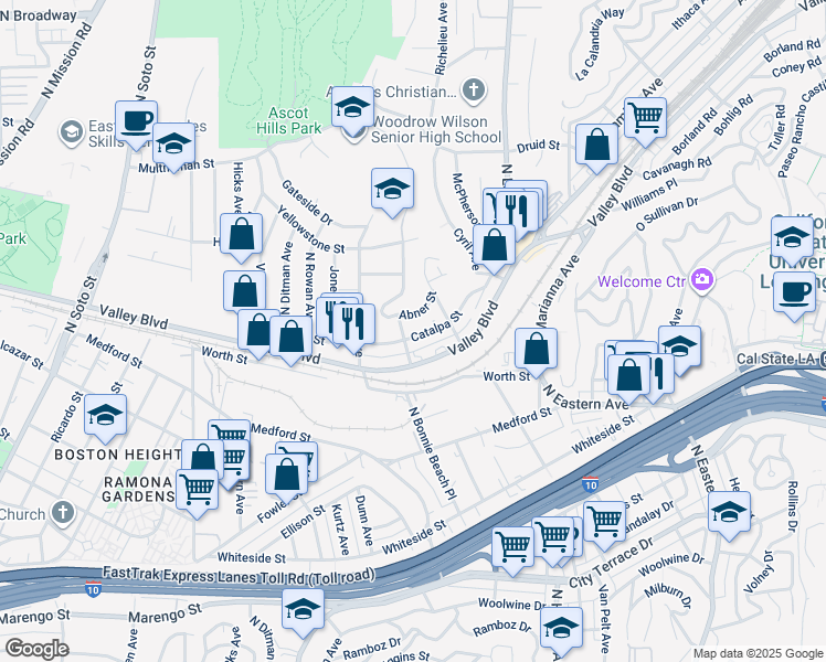 map of restaurants, bars, coffee shops, grocery stores, and more near 4611 Catalpa Street in Los Angeles