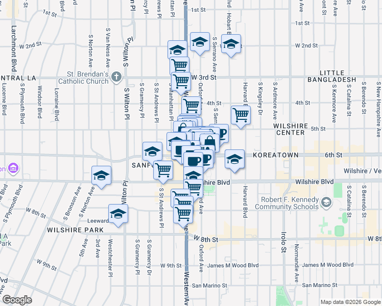 map of restaurants, bars, coffee shops, grocery stores, and more near 3923 West 6th Street in Los Angeles