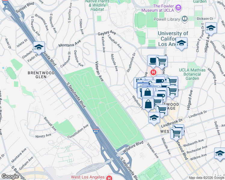 map of restaurants, bars, coffee shops, grocery stores, and more near 714 Veteran Avenue in Los Angeles