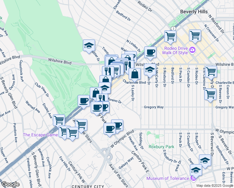 map of restaurants, bars, coffee shops, grocery stores, and more near 9950 Durant Drive in Beverly Hills