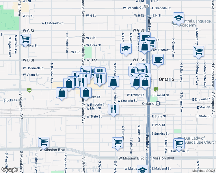 map of restaurants, bars, coffee shops, grocery stores, and more near 530 West Holt Boulevard in Ontario