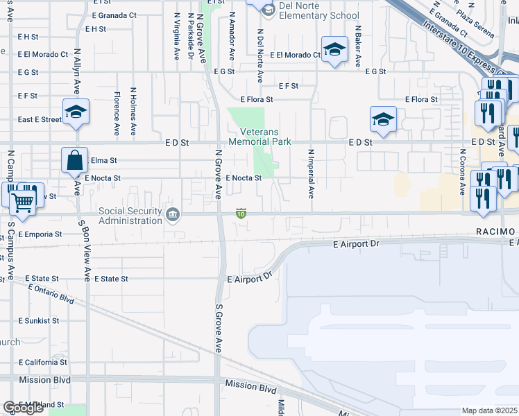 map of restaurants, bars, coffee shops, grocery stores, and more near 1315 East Holt Boulevard in Ontario