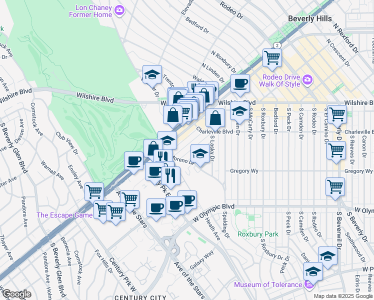 map of restaurants, bars, coffee shops, grocery stores, and more near 9950 Durant Drive in Beverly Hills