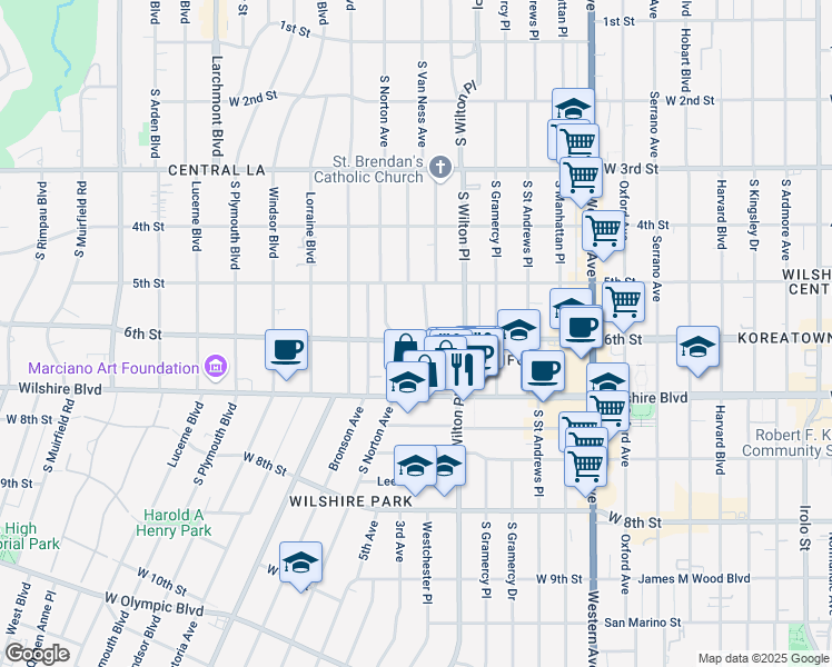 map of restaurants, bars, coffee shops, grocery stores, and more near 564 South Van Ness Avenue in Los Angeles